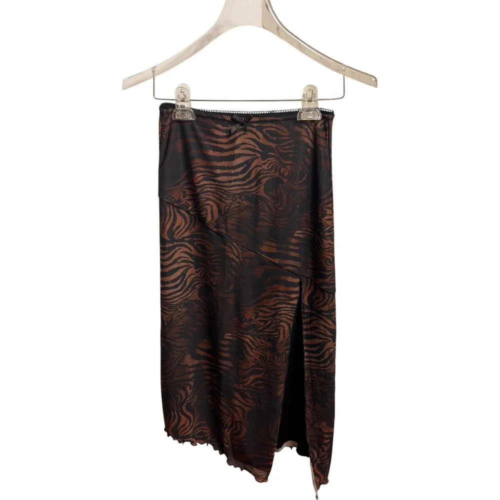 Brown Tiger Print Mesh Midi Skirt Asymmetrical Lettuce Hem Side Slit Bow Trim